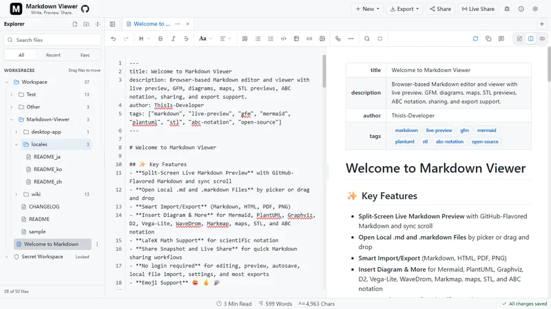 Markdown Viewer editor and rendered preview